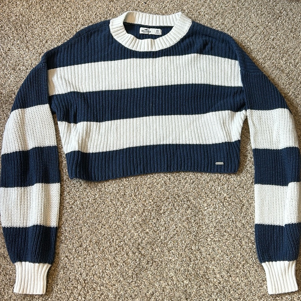Hollister Navy and White Striped Sweater